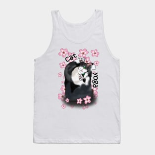 Cute cartoon black and white cat yoga pose in pink flowers Tank Top